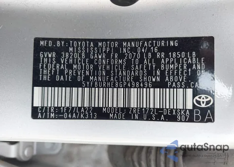 2016 Toyota Corolla S Premium z USA, uszkodzony, nr VIN 5YFBURHE8GP498496